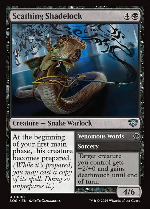 Preview image for the Scathing Shadelock // Venomous Words single card for the collectable card game Magic: The Gathering.