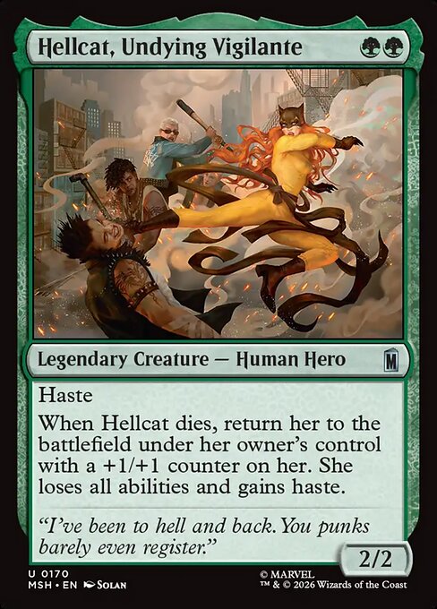 Preview image for the Hellcat, Undying Vigilante single card for the collectable card game Magic: The Gathering.