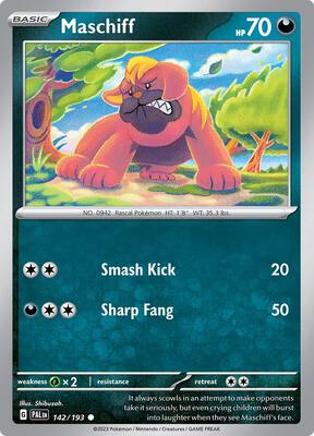 Preview image for the Maschiff - 142/193 single card  for the collectable card game Pokemon.