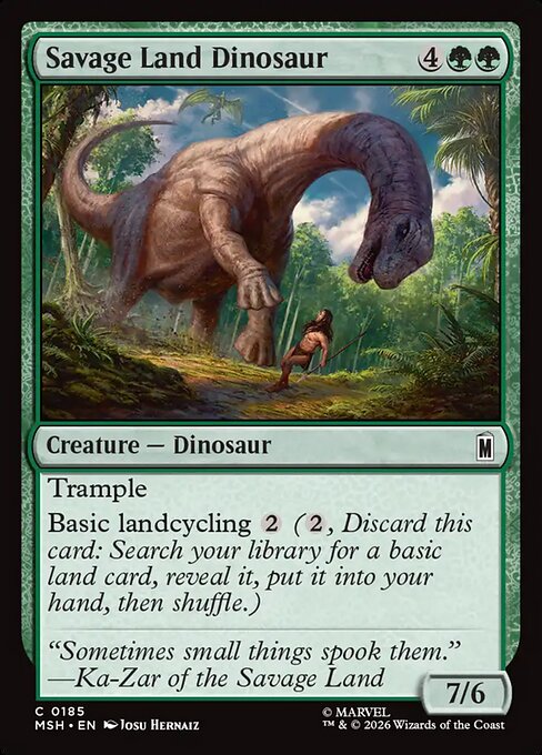 Preview image for the Savage Land Dinosaur single card for the collectable card game Magic: The Gathering.