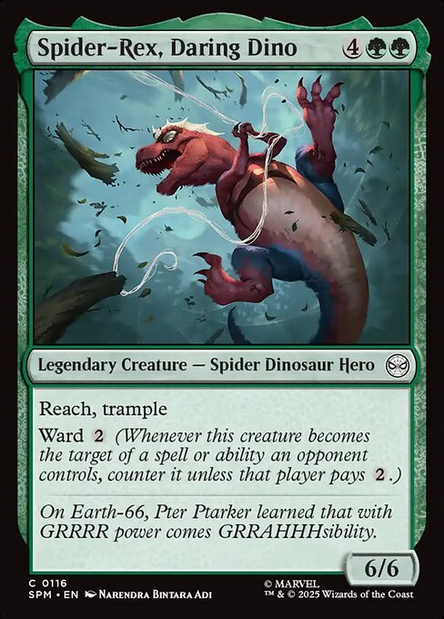 Preview image for the Spider-Rex, Daring Dino single card for the collectable card game Magic: The Gathering.