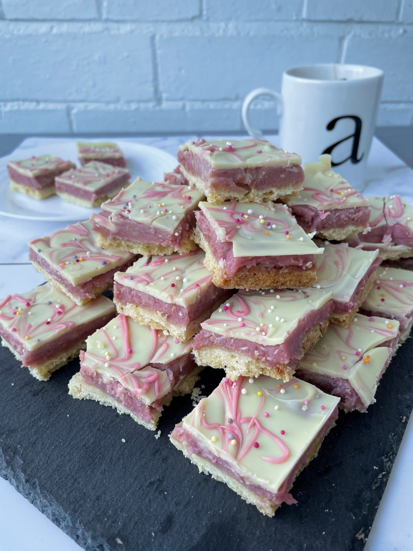 White chocolate and raspberry caramel shortbread