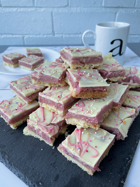 White chocolate and raspberry caramel shortbread