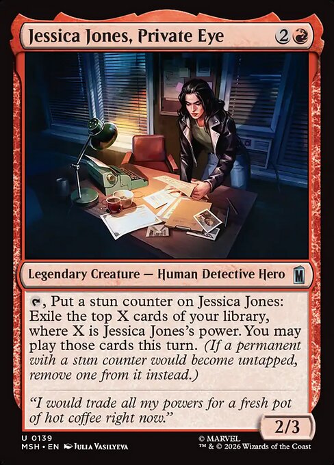Preview image for the Jessica Jones, Private Eye single card for the collectable card game Magic: The Gathering.
