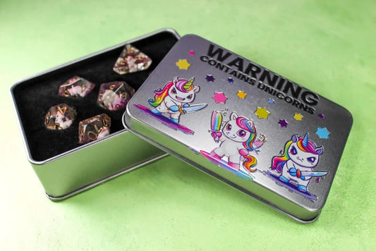Warning Contains Unicorns Dice Tin