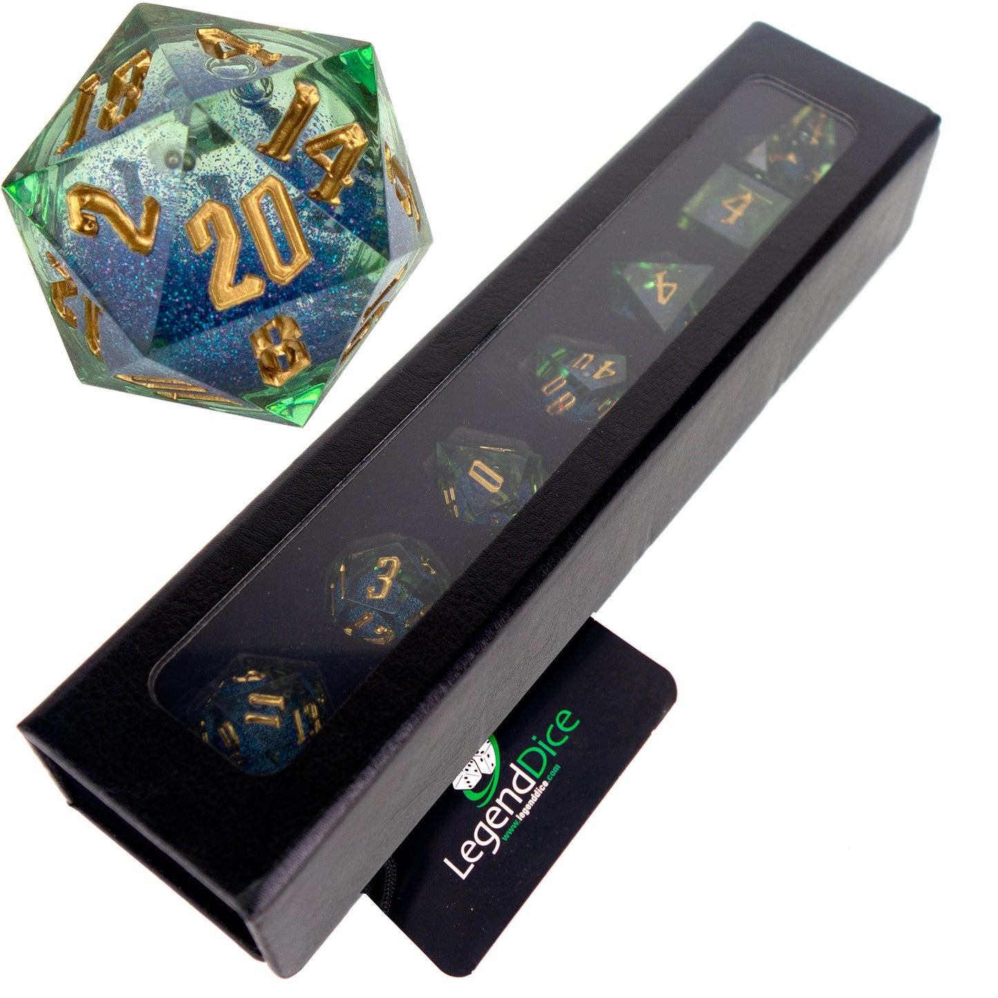 Liquid Core dice in case - Dual green blue